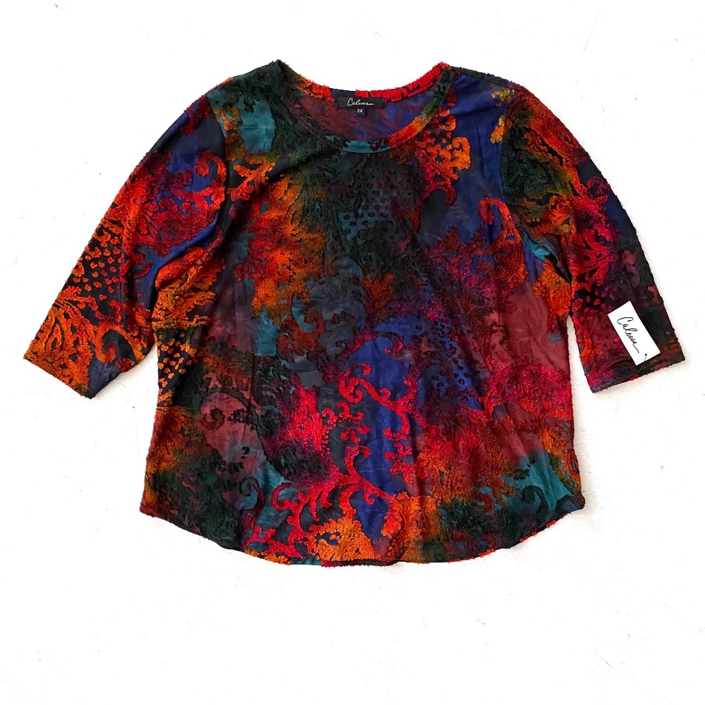 Calessa Nwt Red Multi Burnout 3/4 Sleeve Top 2X